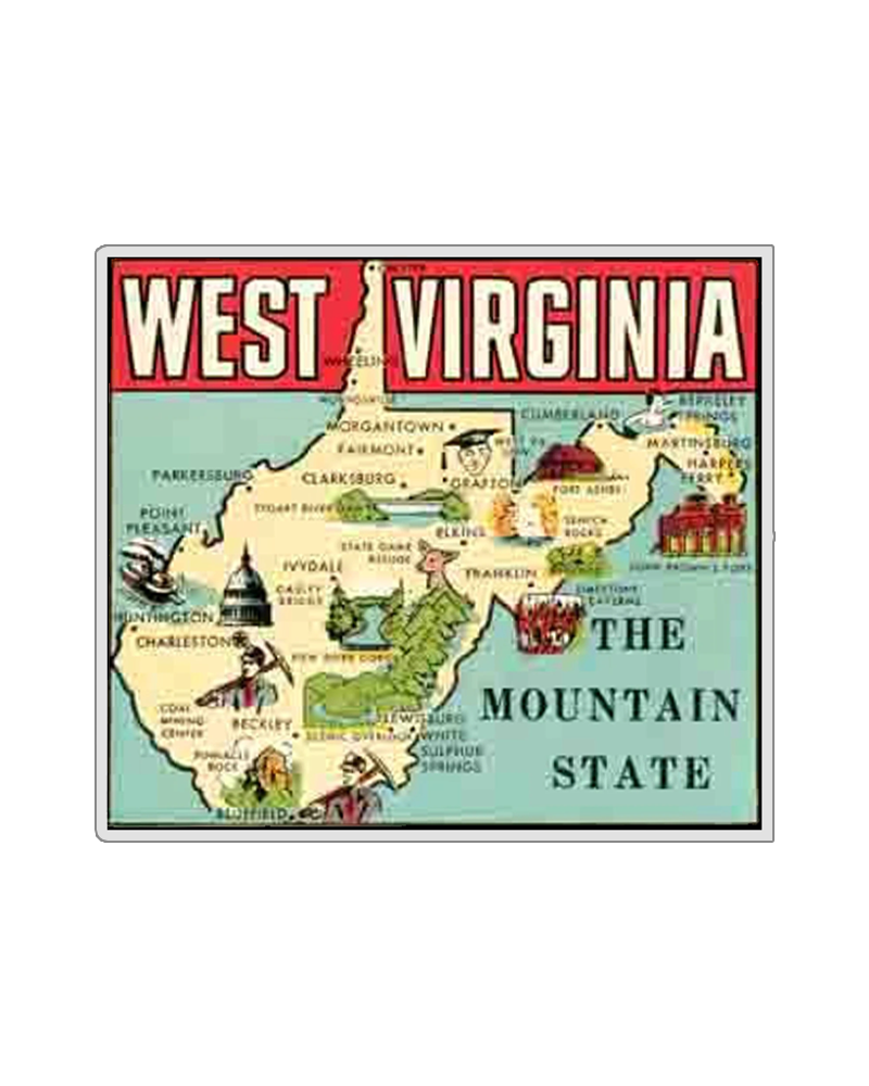 TheRetroTee Vintage 1950's Style West Virginia The Mountain State Map Wv Retro Sticker
