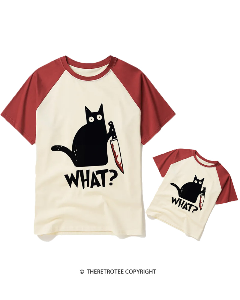 TheRetroTee What Black Cat With Knife Scary Halloween Halloween Raglan Baseball Family T-Shirt