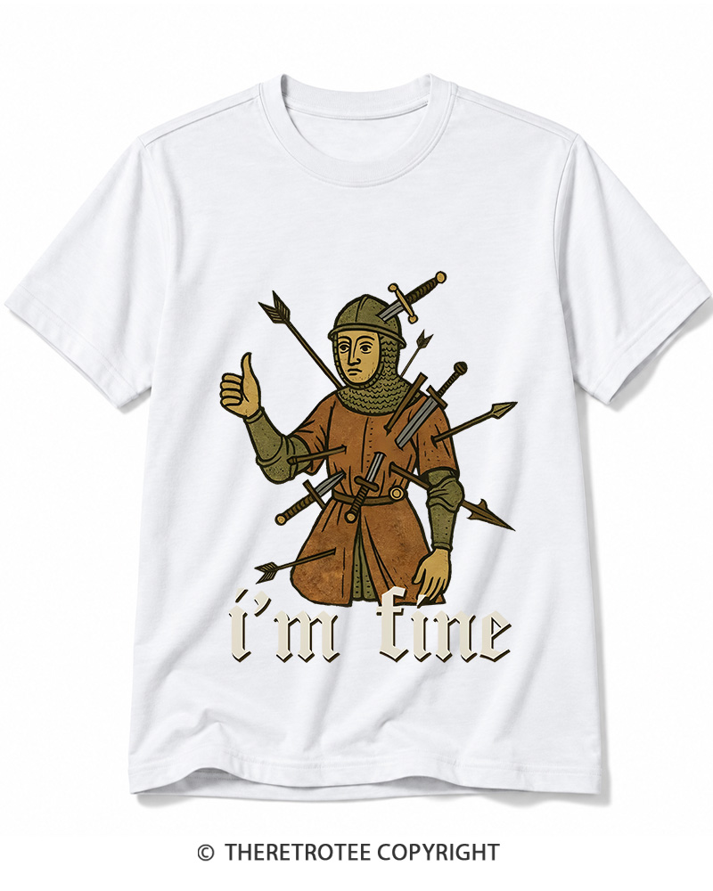 TheRetroTee Medieval Knight I’m Fine 1970s Cotton T-Shirt