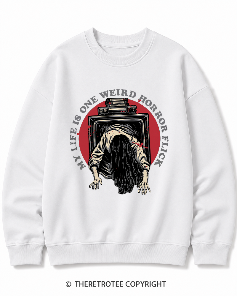 TheRetroTee My Life Is One Weird Horror Flick 1980s Halloween Cotton Sweatshirt