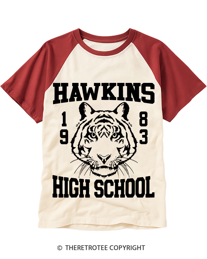 TheRetroTee Hawkins High Tiger 1980s Raglan Baseball T-Shirt