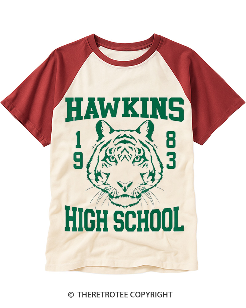 TheRetroTee Hawkins High Tiger 1980s Raglan Baseball T-Shirt