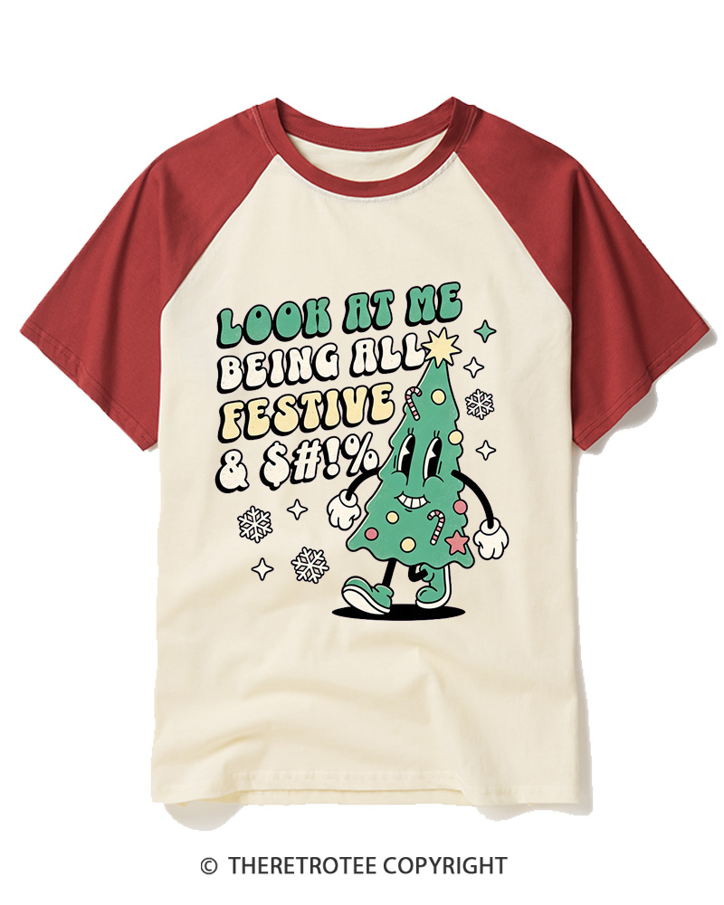 TheRetroTee Look At Me Being All Festive 1970s Raglan Baseball T-Shirt