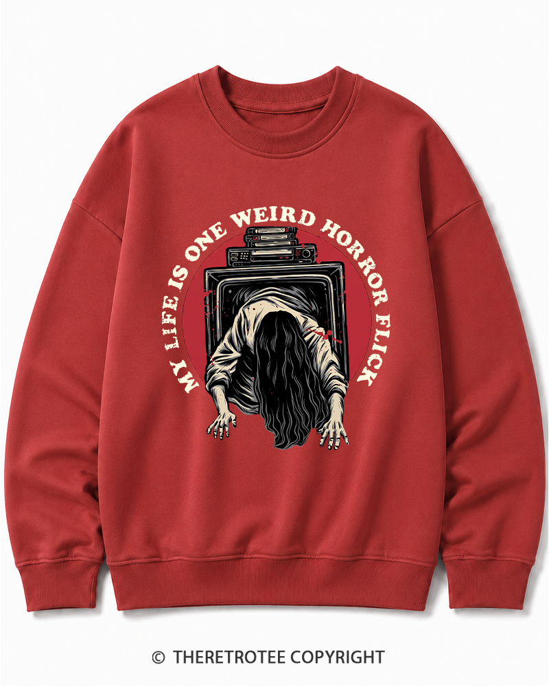 TheRetroTee My Life Is One Weird Horror Flick 1980s Halloween Cotton Sweatshirt
