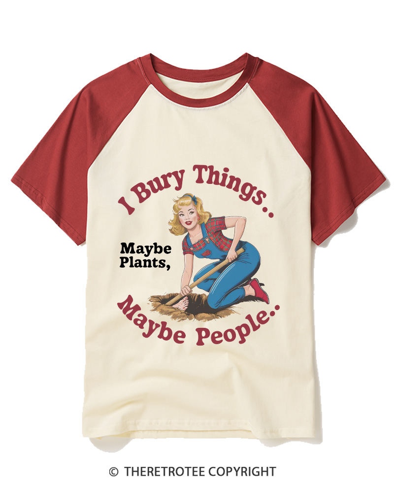 TheRetroTee I Bury Things 1970s Raglan Baseball T-Shirt