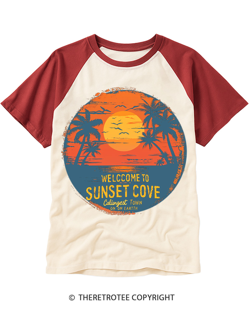 TheRetroTee Sunset Cove Escape 1980s Raglan Baseball T-Shirt