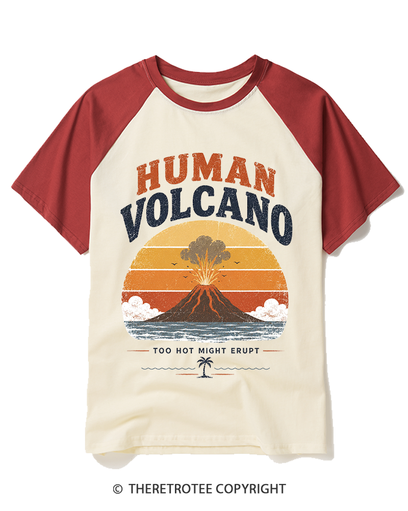 TheRetroTee Human Volcano 1970s Raglan Baseball T-Shirt