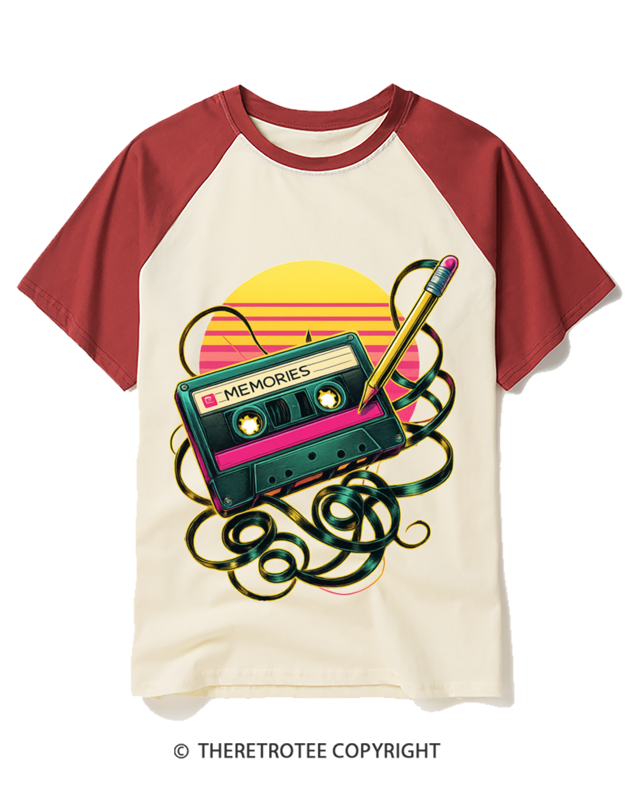 TheRetroTee Retro Cassette and Pencil Raglan Baseball T-Shirt