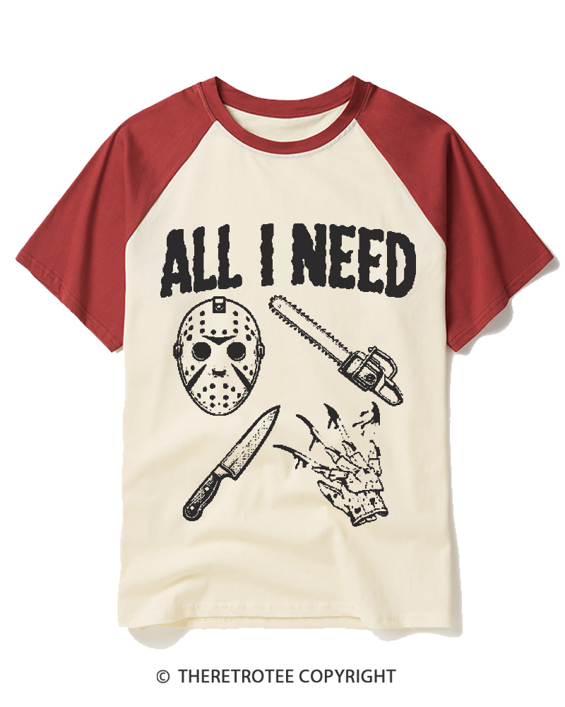 TheRetroTee All I Need Halloween 1980s Halloween Raglan Baseball T-Shirt