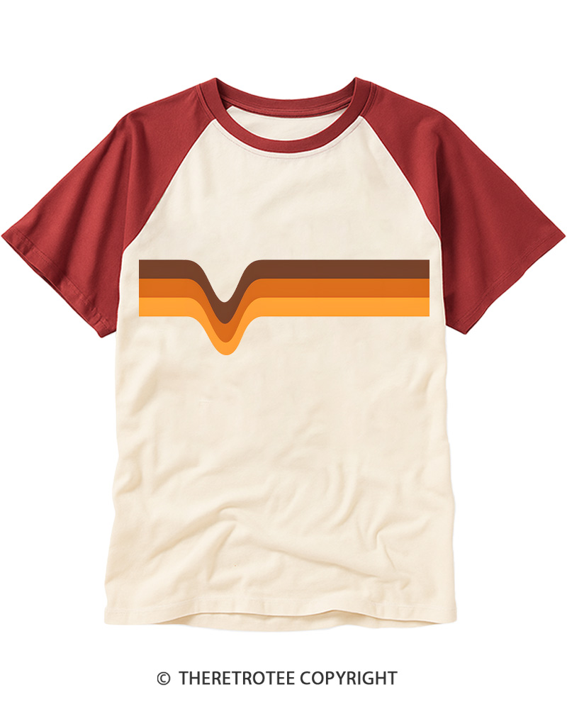 TheRetroTee 1970s Stripes Brown Orange Yellow Raglan Baseball T-Shirt