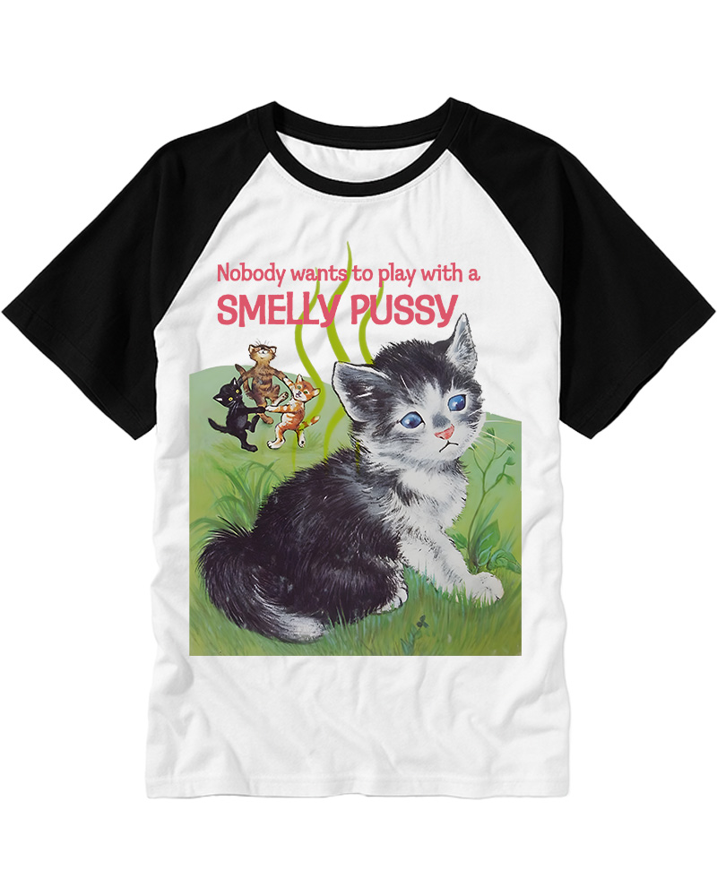 TheRetroTee Nobody Wants to Play with a Smelly Pussy 1950s Raglan Baseball T-Shirt