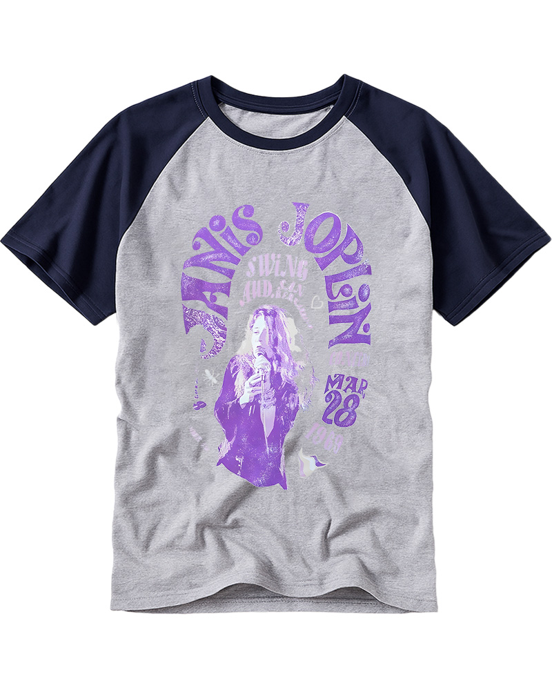 TheRetroTee JANIS JOPLIN - Swing Aud 1970s Raglan Baseball T-Shirt