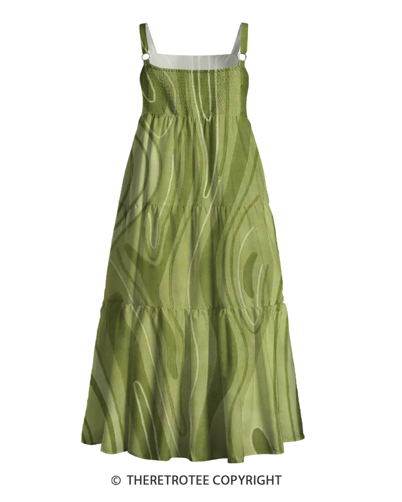 TheRetroTee 1970s Retro Organic Woodgrain Abstract Wave Boho Strappy Maxi Dress