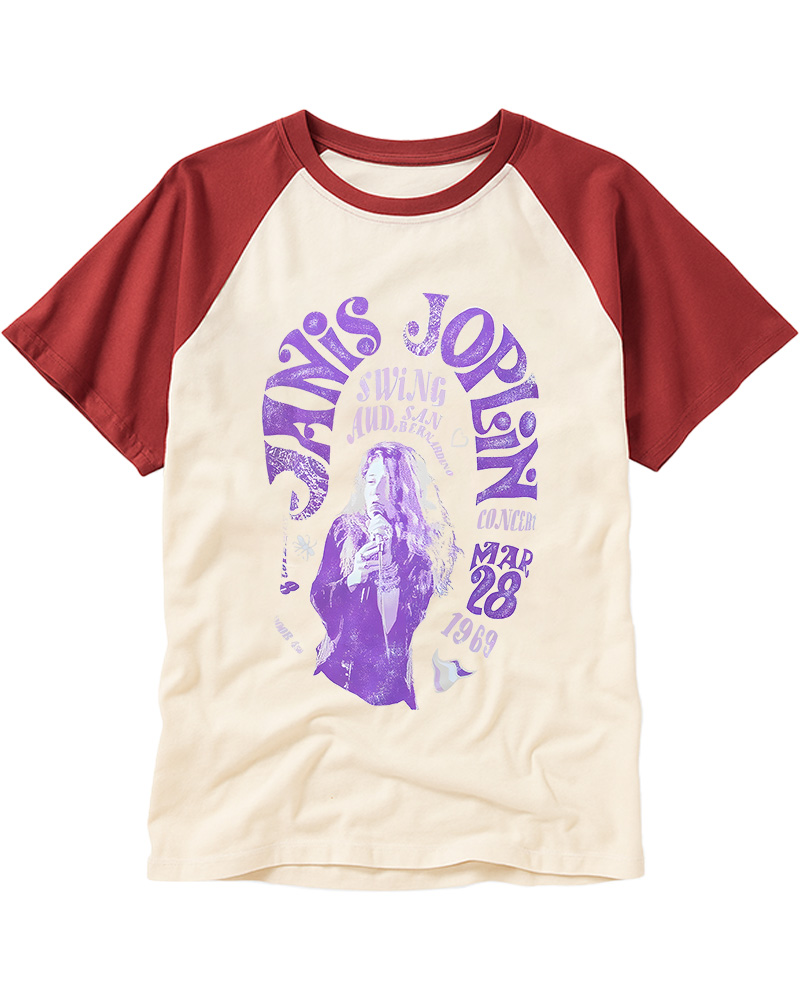 TheRetroTee JANIS JOPLIN - Swing Aud 1970s Raglan Baseball T-Shirt
