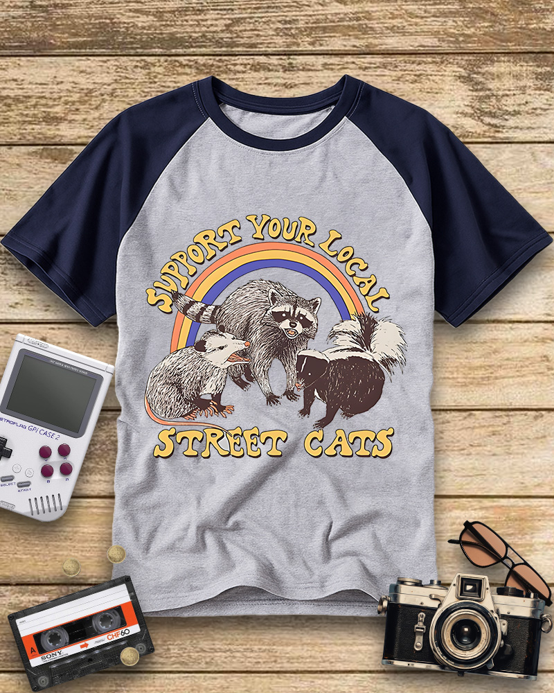 TheRetroTee Street Cats 1970s Raglan Baseball T-Shirt