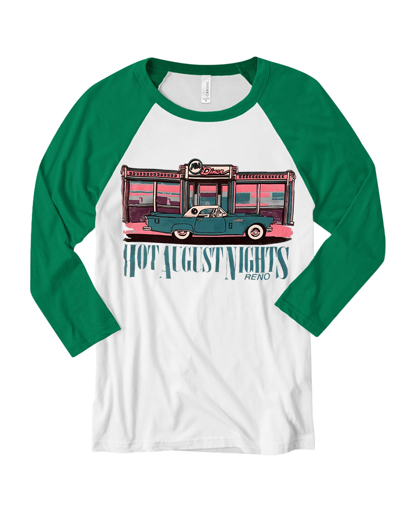 TheRetroTee Hot August Nights Reno Diner 1950s Long Sleeve Raglan T-Shirt