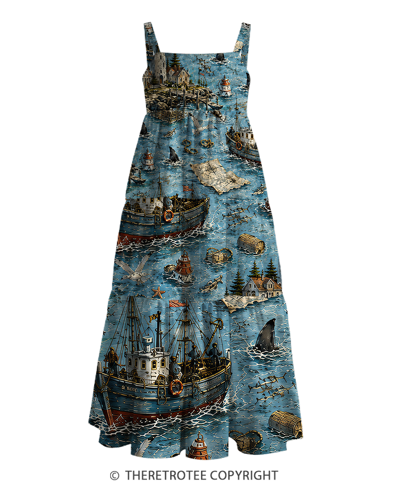 TheRetroTee Vintage Graphic Nautical Adventure Maxi Dress
