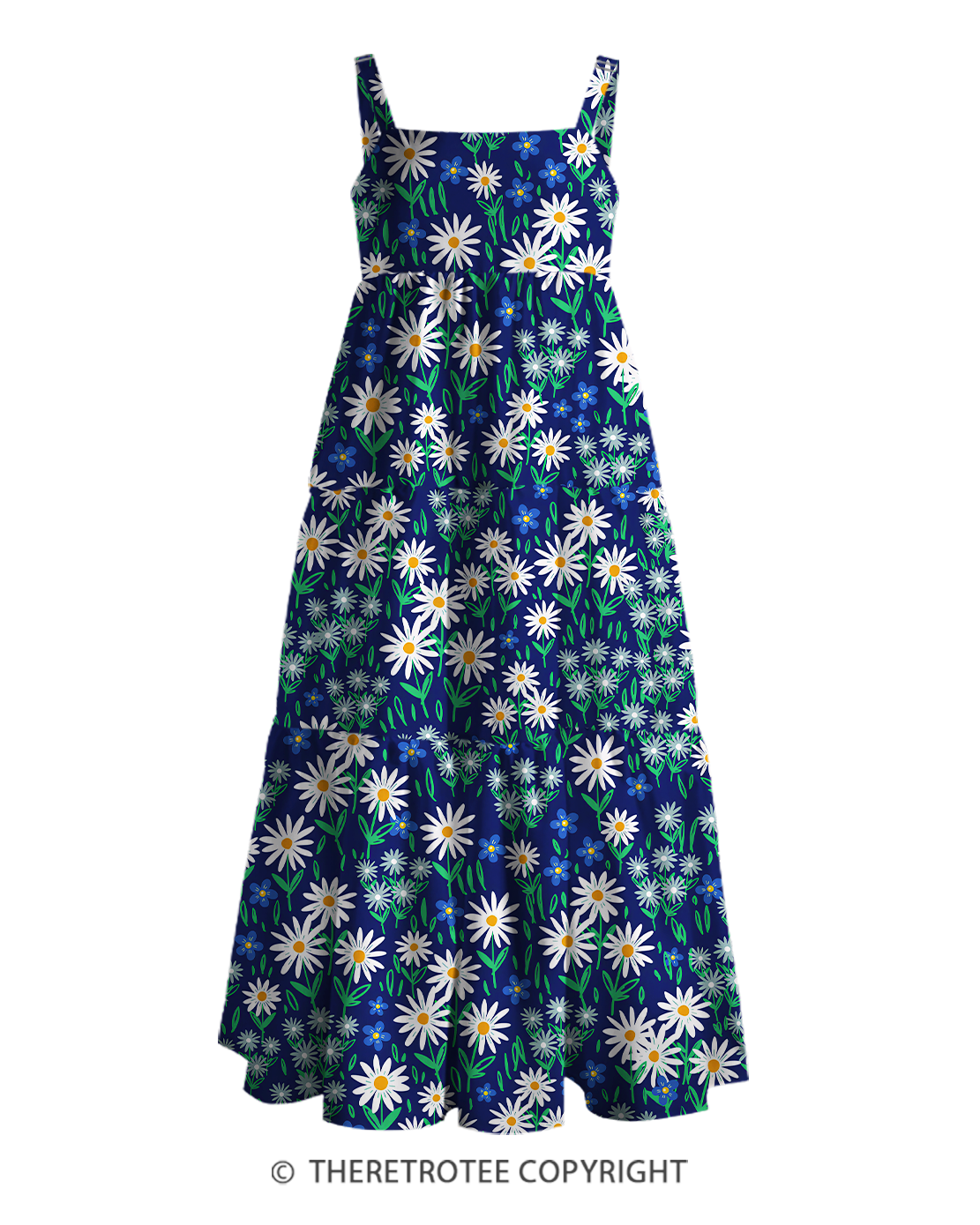 TheRetroTee 1970s Retro Blue Daisy Floral Boho Strappy Maxi Dress