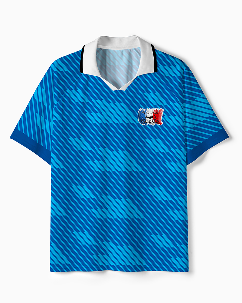 TheRetroTee Allez Les Bleus Blue Diagonal Stripe France Polo Mesh Jersey