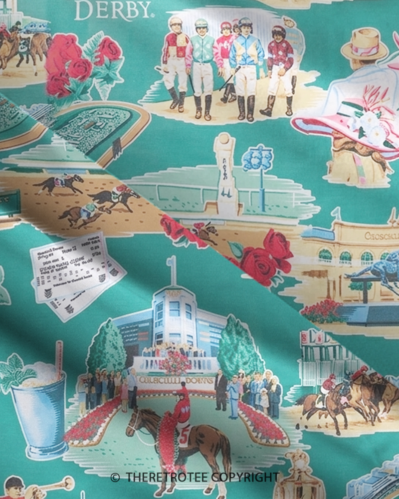 TheRetroTee 1950s Vintage Kentucky Derby Horse Racing Toile Scene Strappy Maxi Dress