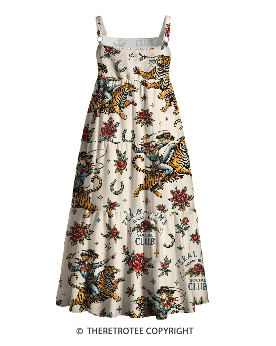 TheRetroTee Power Girl and Rose Western Print Strap Maxi Dress