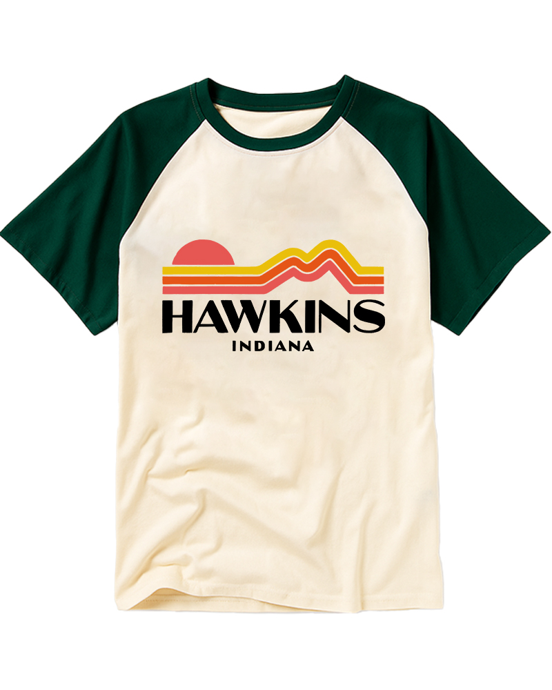 TheRetroTee Retro Stranger Things Hawkins Indiana Raglan Baseball T-Shirt