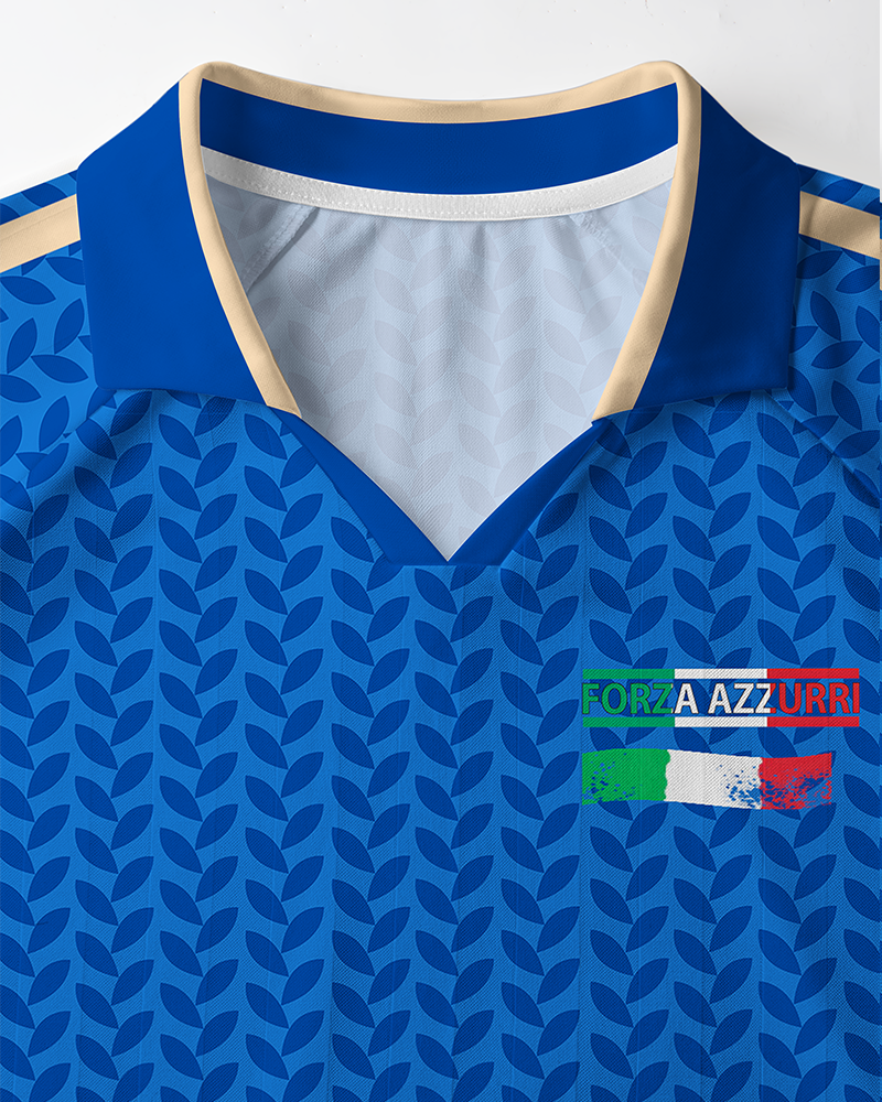 TheRetroTee Italy Blue Azzurri Olive Pattern Polo Mesh Jersey