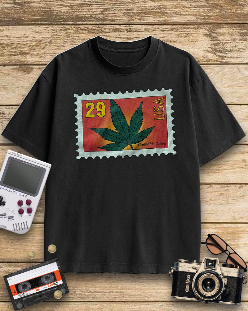 TheRetroTee Vintage 1993 Sativa Cannabis Postal Stamp Nostalgic T-Shirt