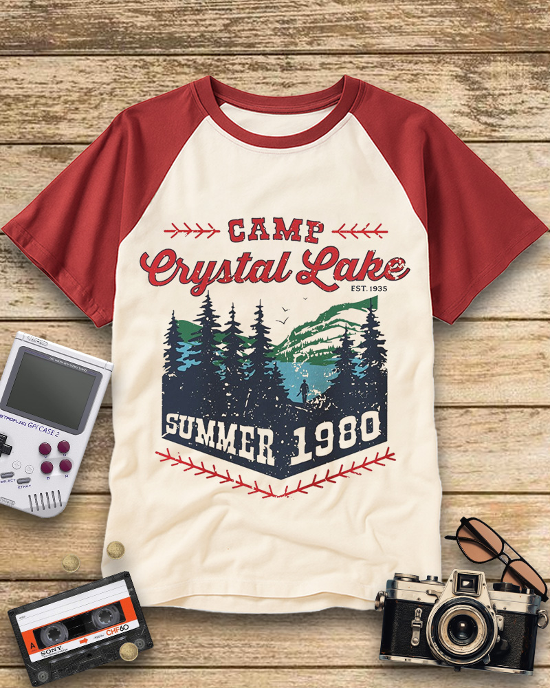 TheRetroTee Camp Crystal Lake Summer 1980 Vintage Halloween Raglan Baseball T-Shirt