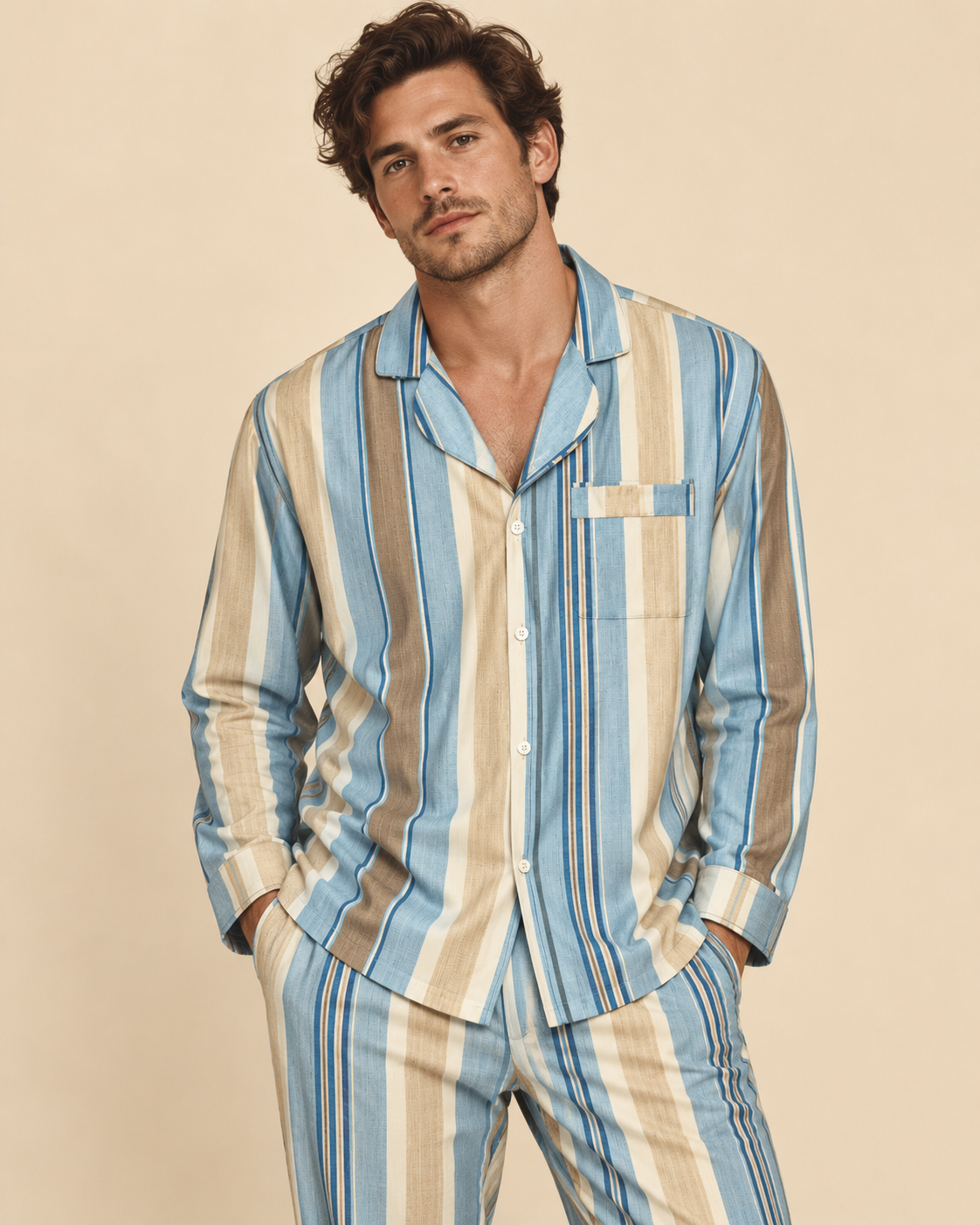 TheRetroTee Coastal Linen Stripe Vintage Pajama Set