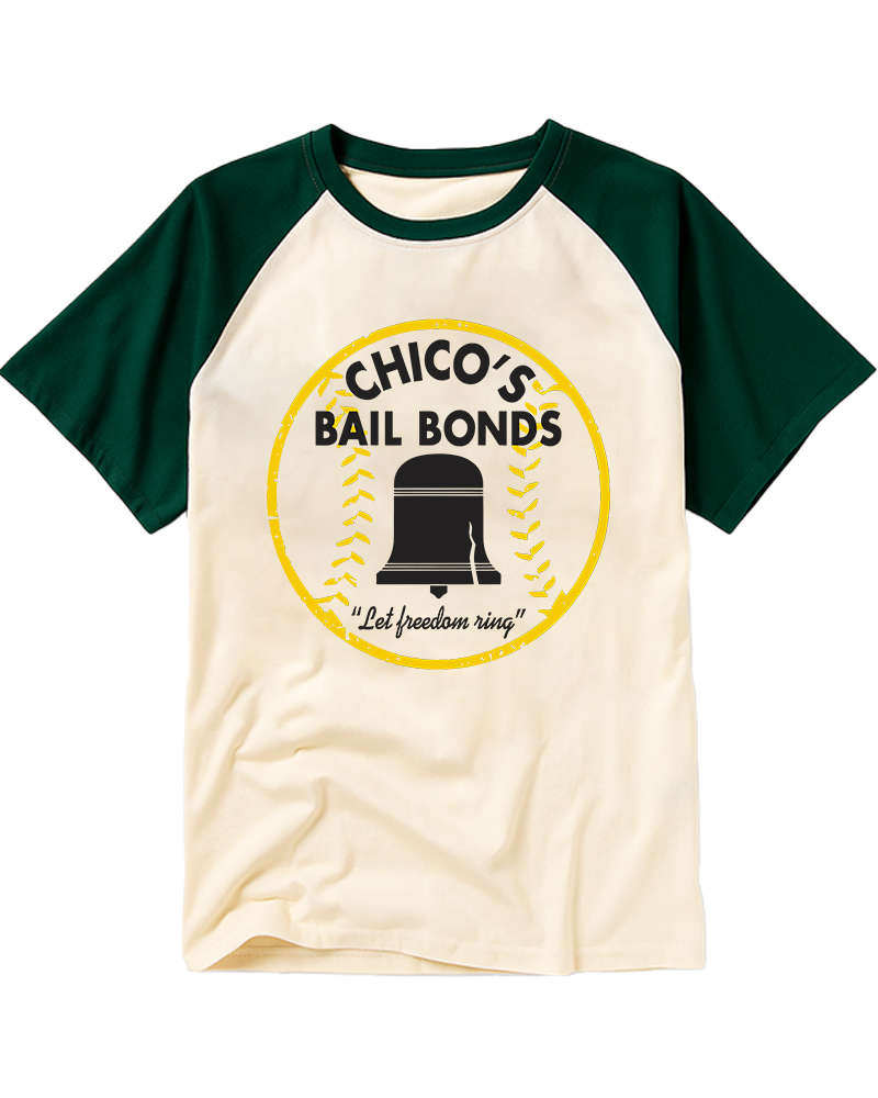 TheRetroTee Chico's Bail Bonds Raglan Baseball T-Shirt