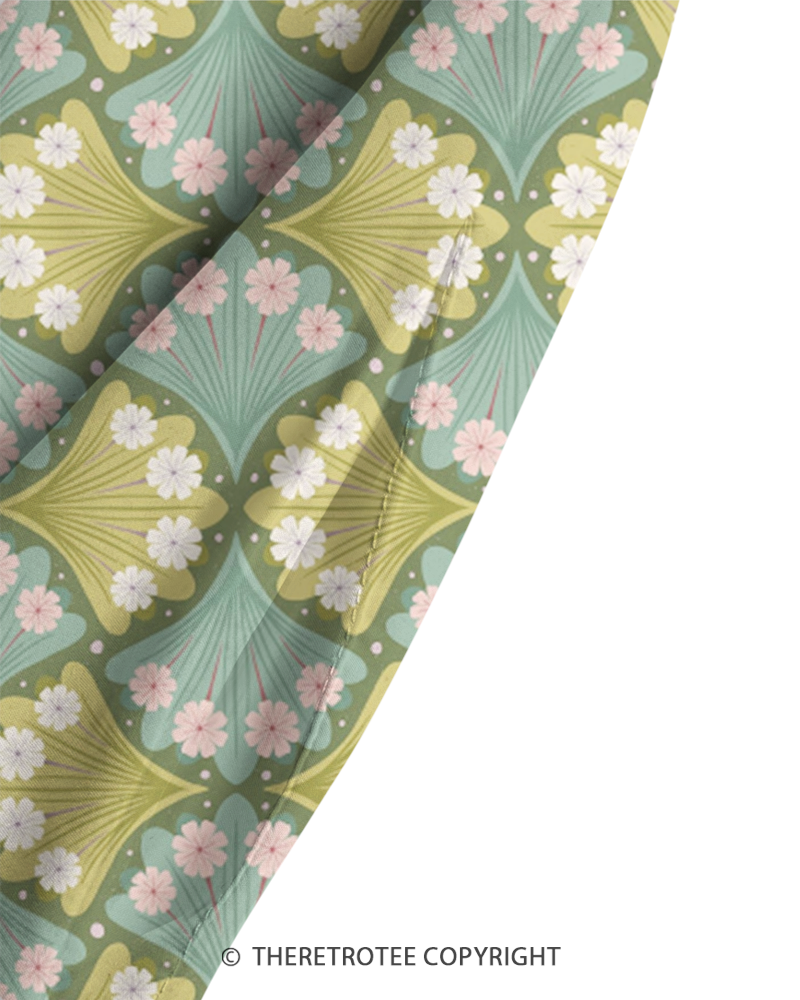 TheRetroTee 1960s Retro Mod Floral Fan Geometric Boho Strappy Maxi Dress