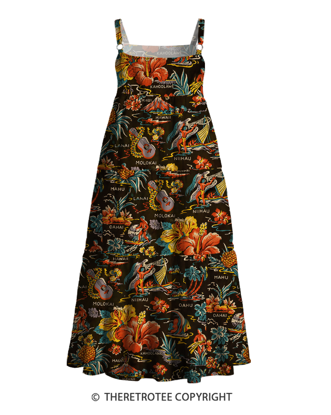 TheRetroTee 1950s Vintage Hawaiian Tiki Tropical Map Print Strappy Maxi Dress