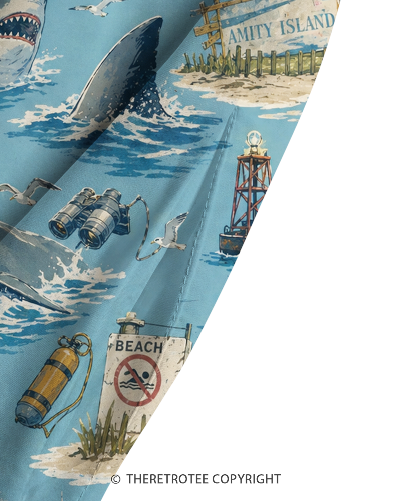 TheRetroTee 1970s Vintage Shark Ocean Nautical Adventure Graphic Strappy Maxi Dress