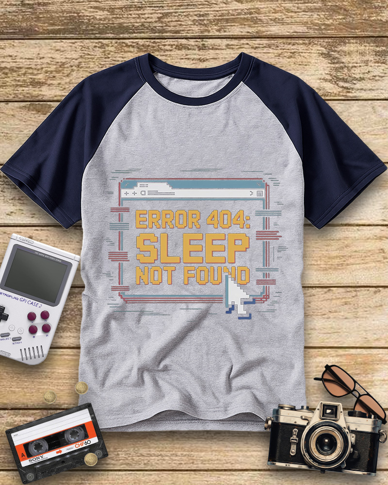 TheRetroTee Pixel Graphic Error 404 Sleep Not Found 1990s Raglan Baseball T-Shirt