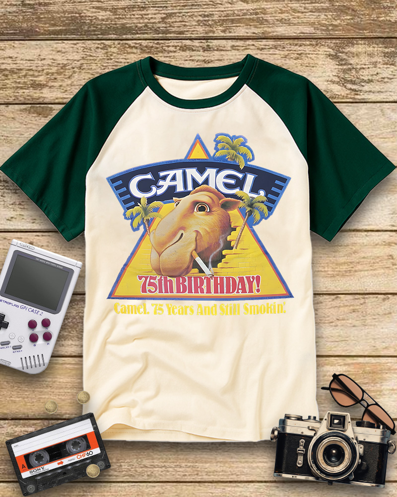 TheRetroTee Camel cigarettes smokin' 1970s Raglan Baseball T-Shirt