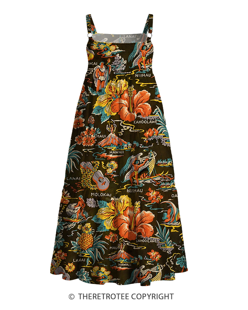 TheRetroTee 1950s Vintage Hawaiian Tiki Tropical Map Print Strappy Maxi Dress