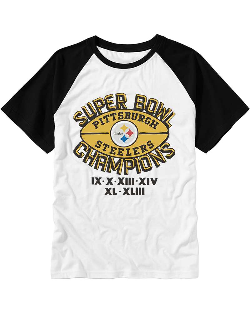 TheRetroTee Steelers 6 Time Super Bowl Champions Raglan Baseball T-Shirt