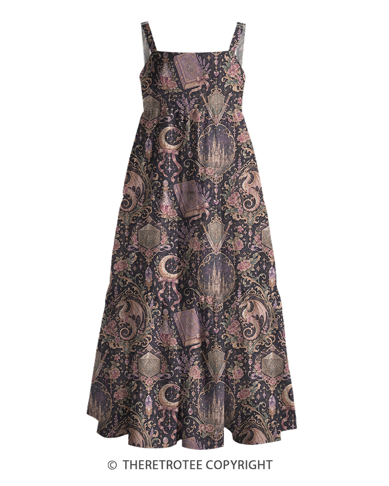 TheRetroTee 1970s Vintage Fantasy Gothic Dragon Castle Floral Strappy Maxi Dress
