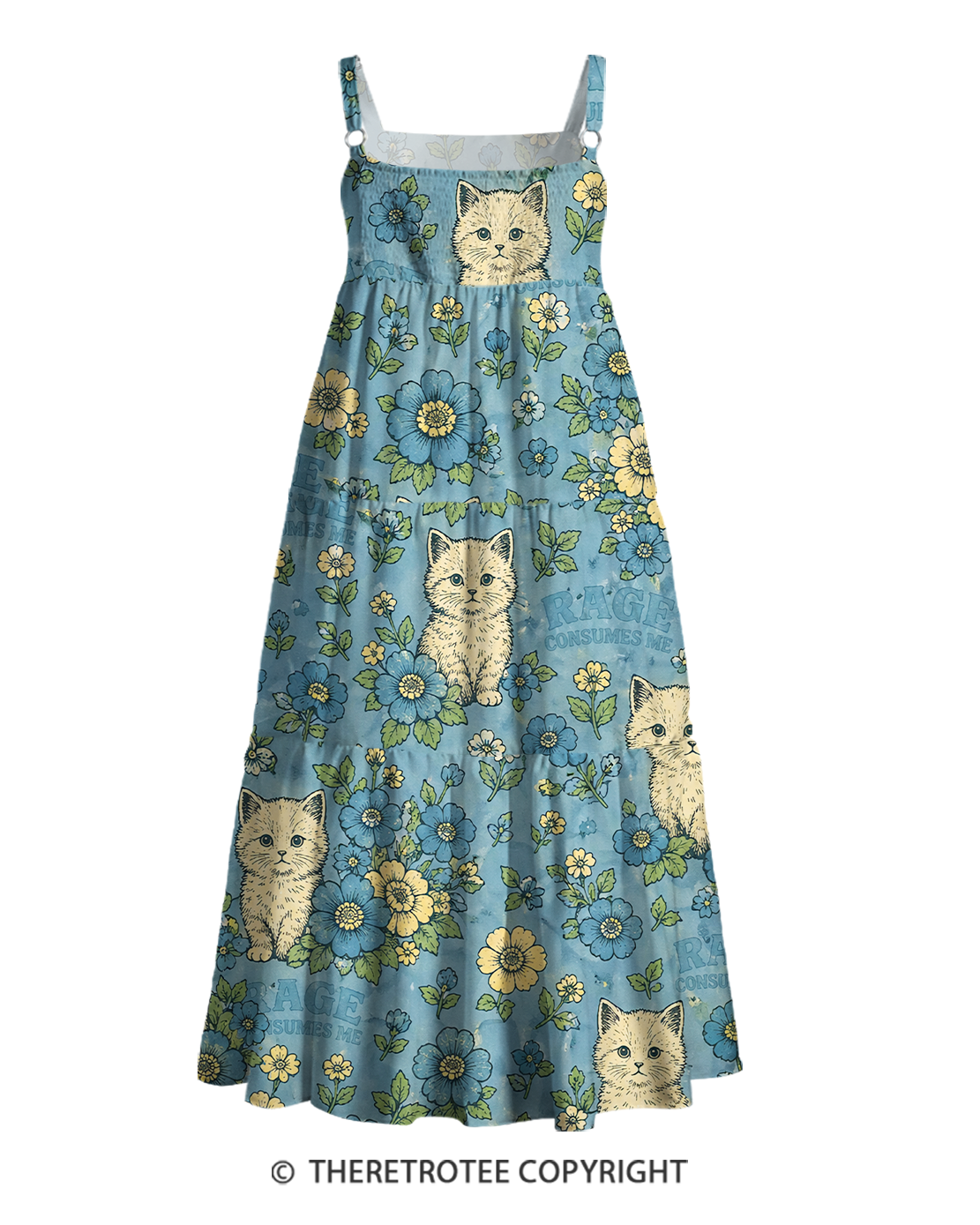 TheRetroTee Rage Consumes Me Cat Blue Print Strap Maxi Dress