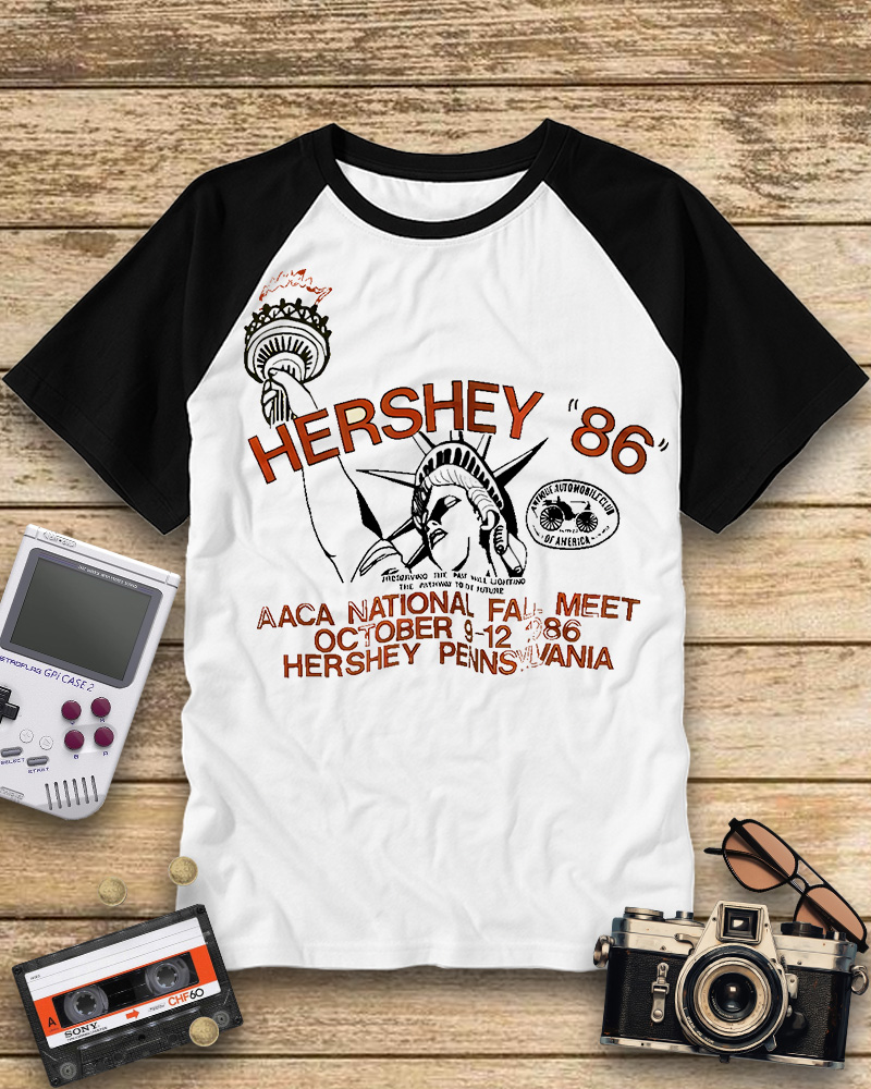 TheRetroTee 1986 Antique Auto Club Meet Hershey Raglan Baseball T-Shirt