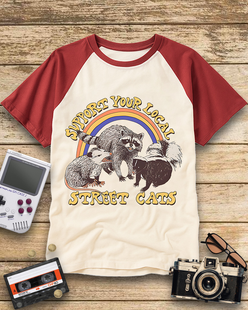 TheRetroTee Street Cats 1970s Raglan Baseball T-Shirt