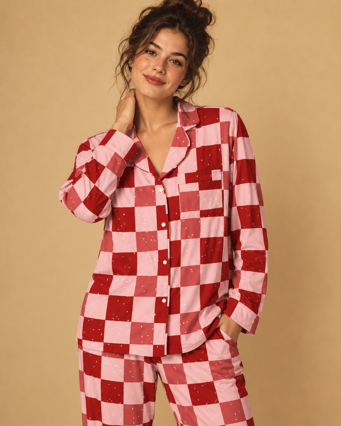 TheRetroTee Blush Checkered Doodle Vintage Pajama Set