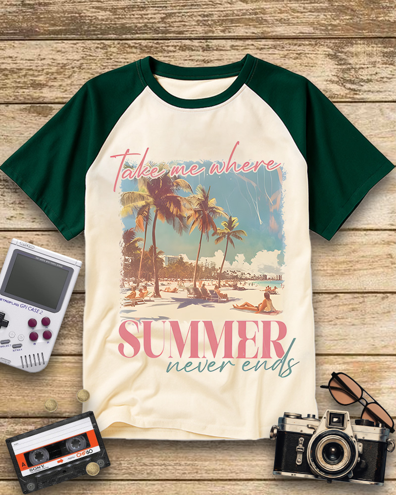 TheRetroTee Take Me Where Summer Never Ends Raglan Baseball T-Shirt