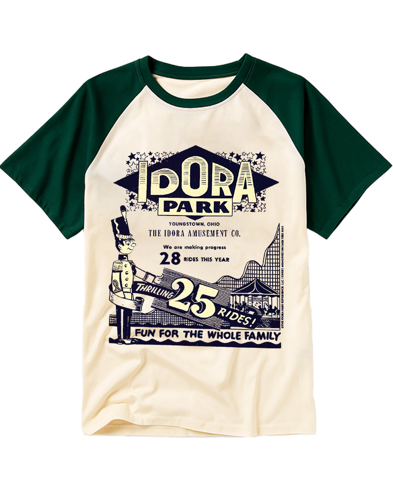 TheRetroTee Idora Park's Thrilling 25 Rides 1910s Raglan Baseball T-Shirt