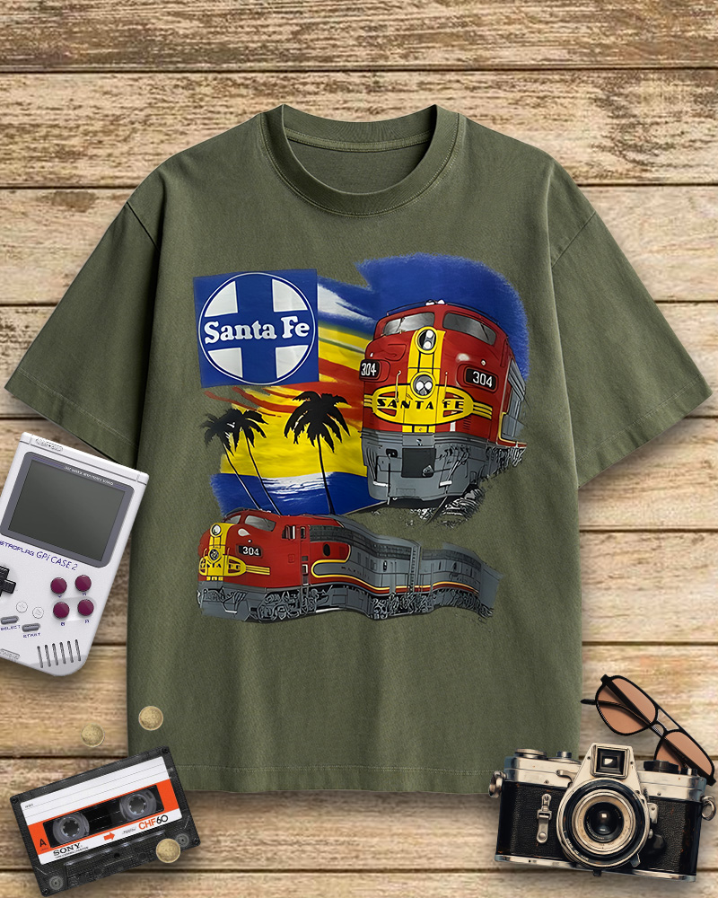 TheRetroTee 1990s Santa Fe Railroad 304 Train Cotton T-Shirt