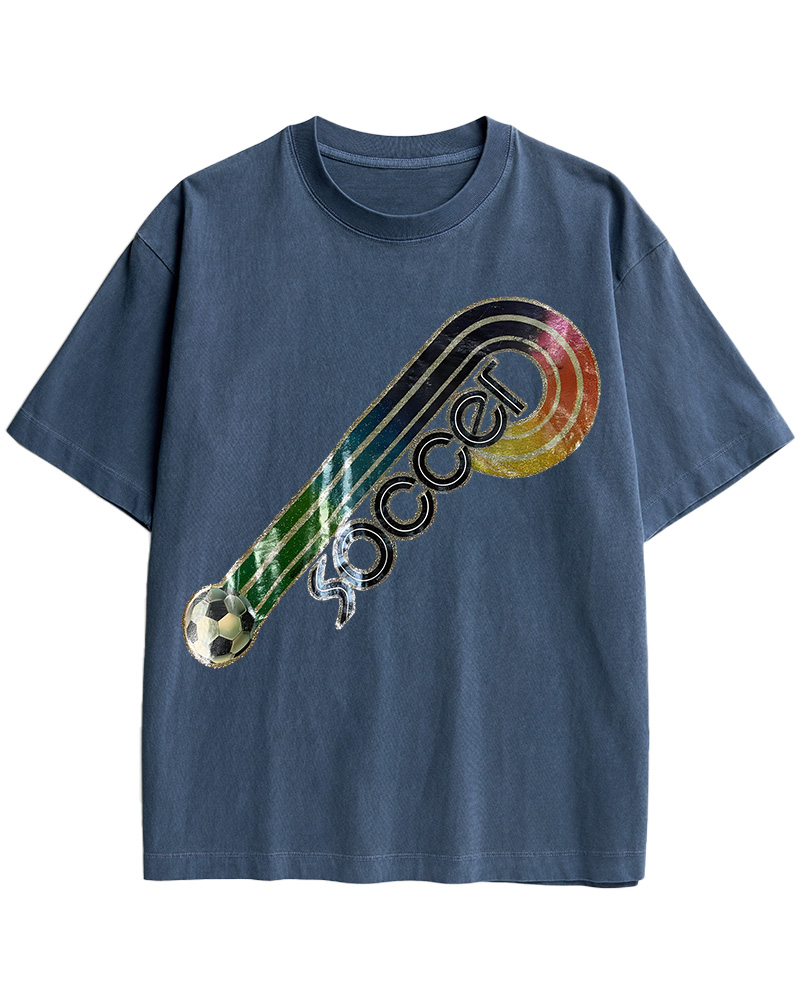 TheRetroTee 70s-80s Rainbow Glitter Soccer Iron Cotton T-Shirt