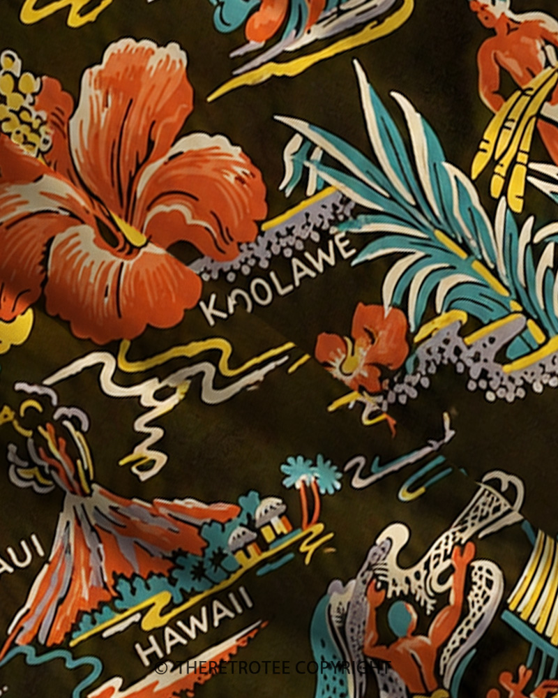 TheRetroTee 1950s Vintage Hawaiian Tiki Tropical Map Print Strappy Maxi Dress