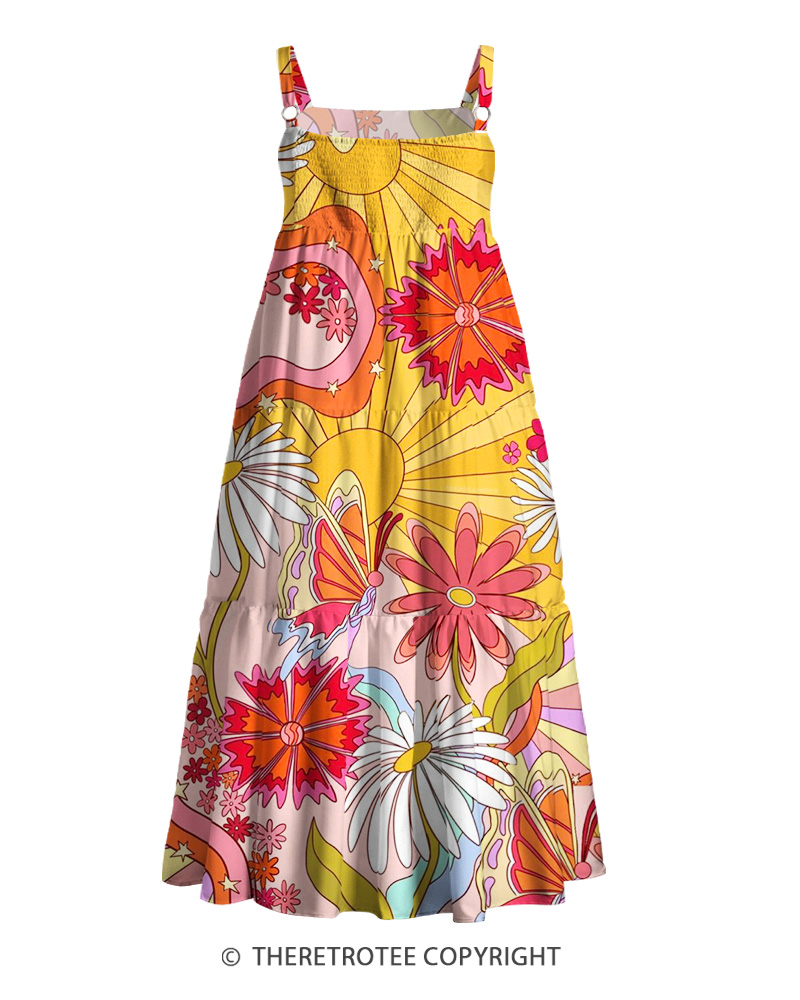 TheRetroTee 1970s Retro Groovy Sunflower Psychedelic Floral Strappy Maxi Dress