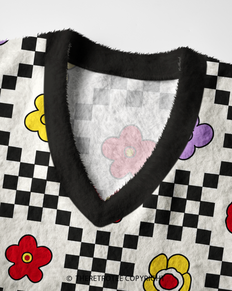 TheRetroTee Vintage 1960s Mod Checker Bloom V-Neck Sweater Vest